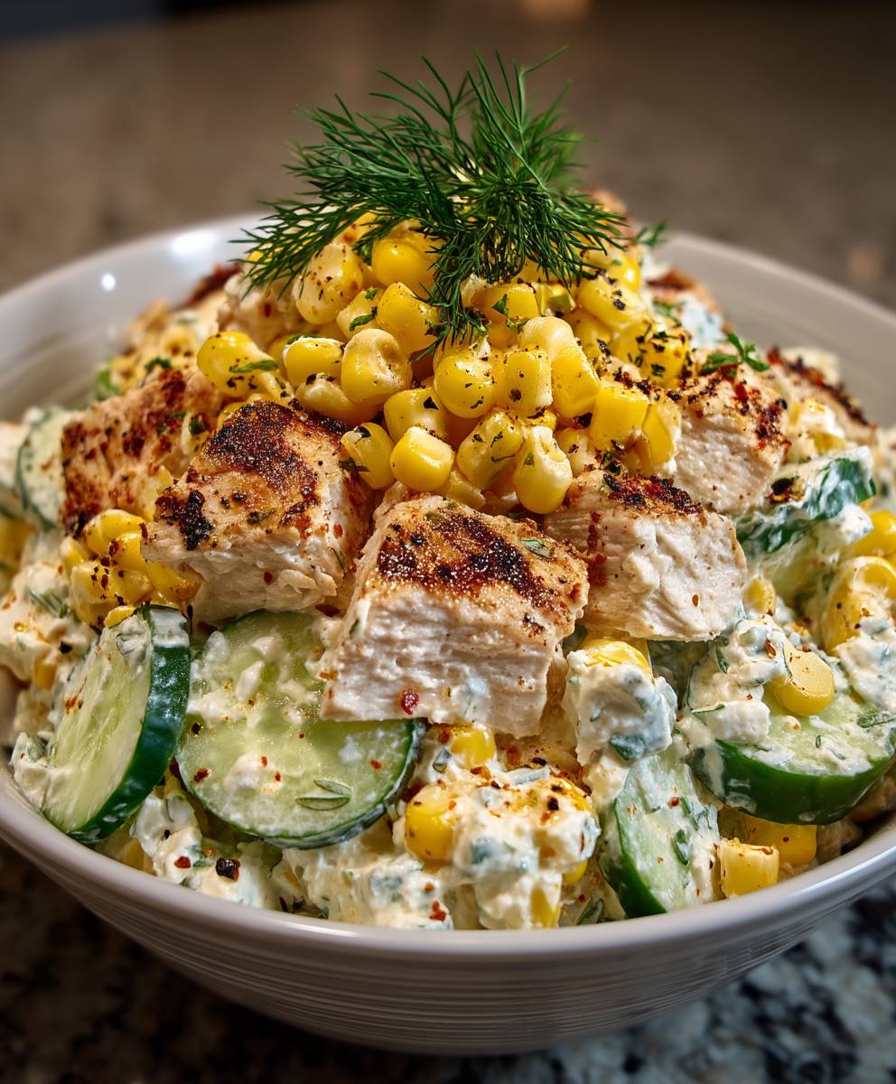 Street Corn Cucumber Chicken Salad | Creamy High Protein Summer Salad image 2